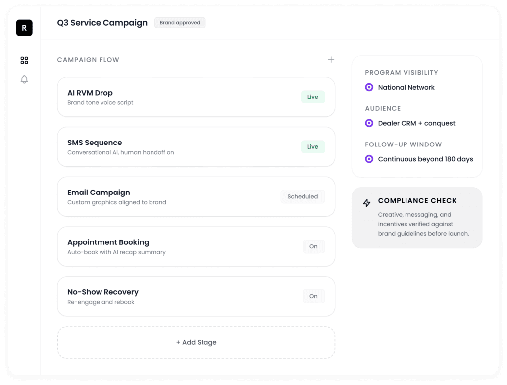 Q3 service campaign flow: AI RVM drop, SMS sequence, email campaign, appointment booking and no-show recovery