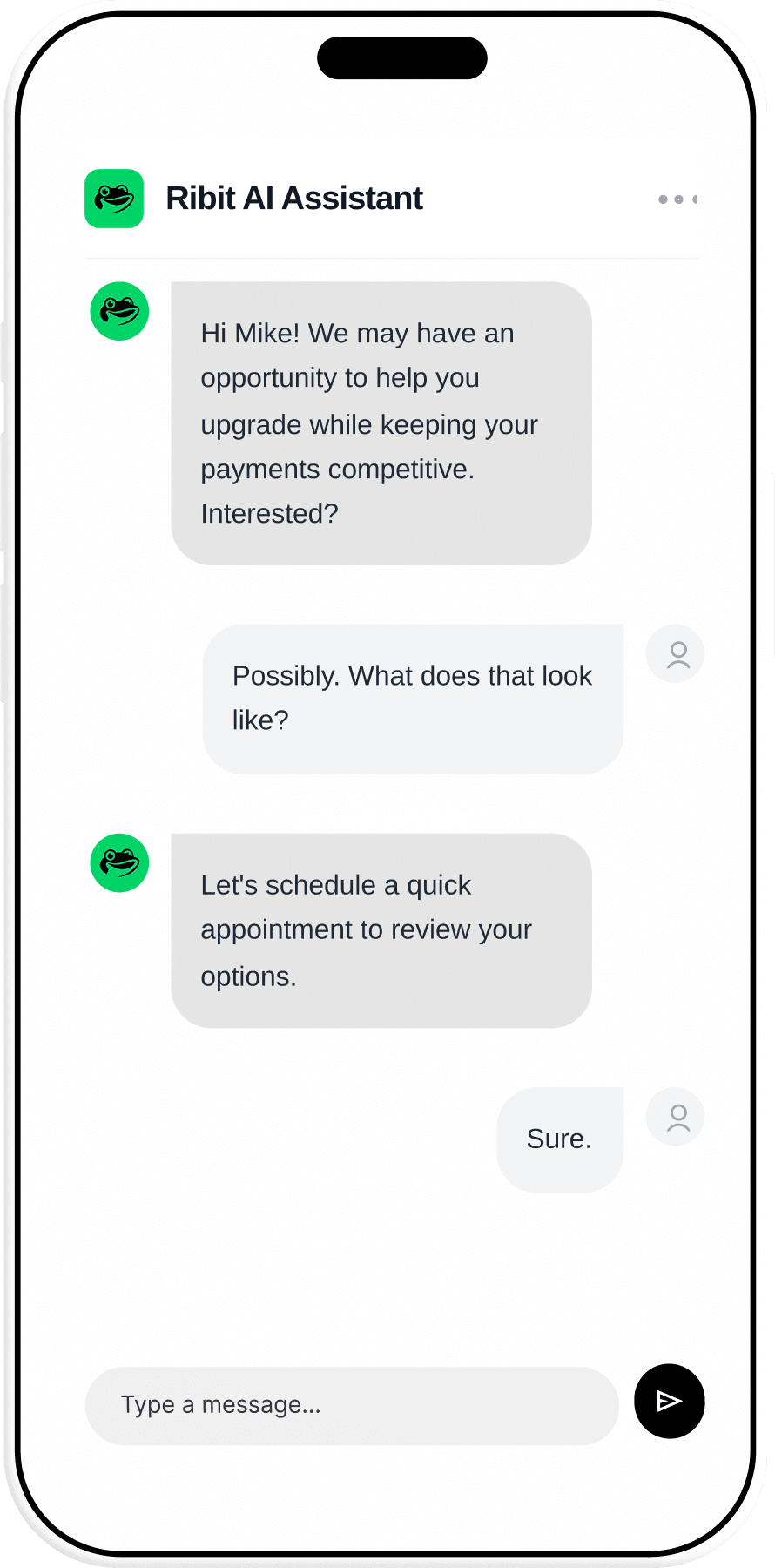 Ribit mobile app showing dealership conversations and follow-up