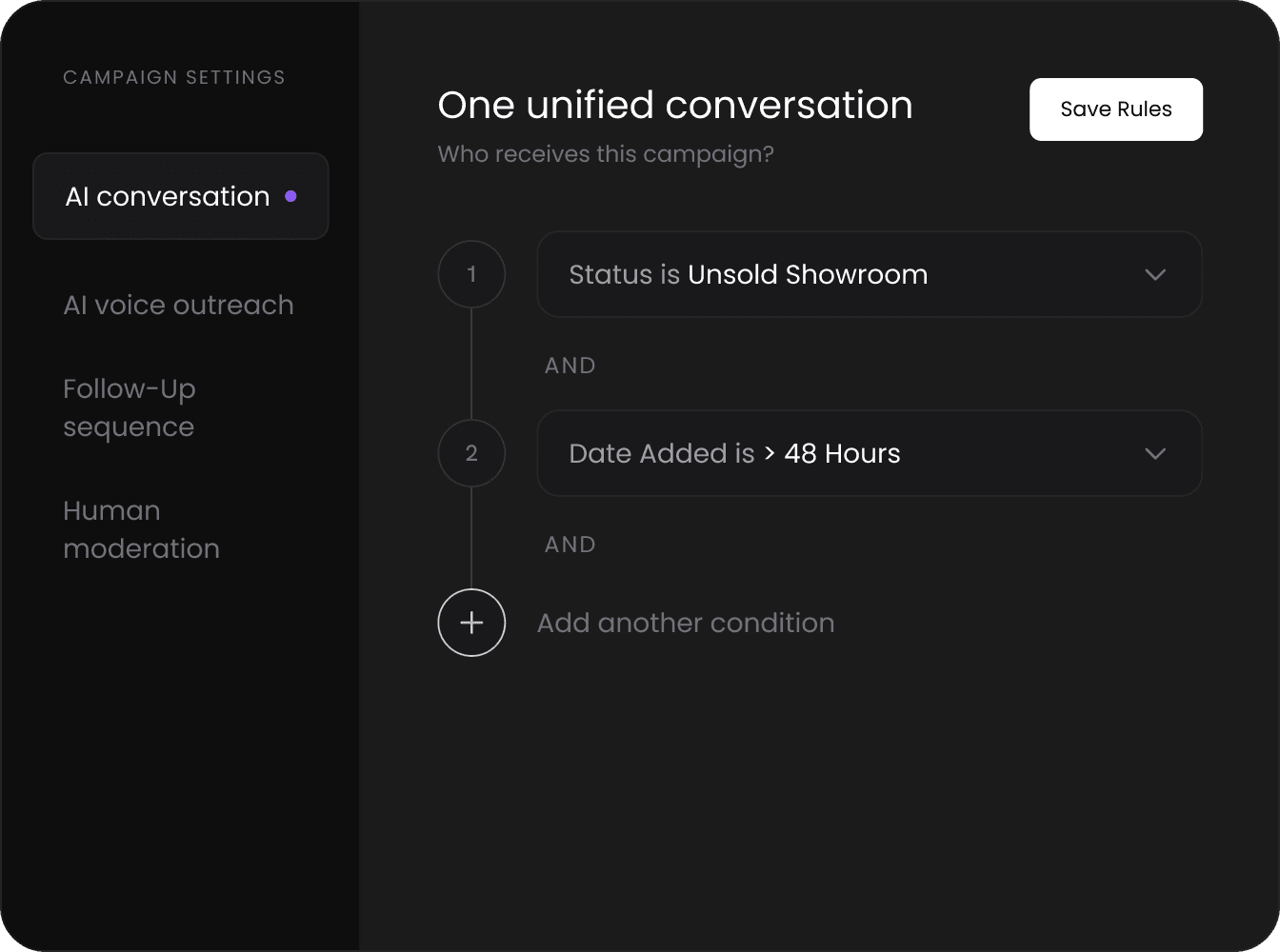 Campaign settings with AI conversation, voice outreach and follow-up sequence rules