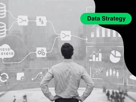 Man analyzing data strategy and charts display.