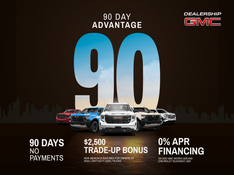 GMC dealership 90-day advantage offer with trucks.