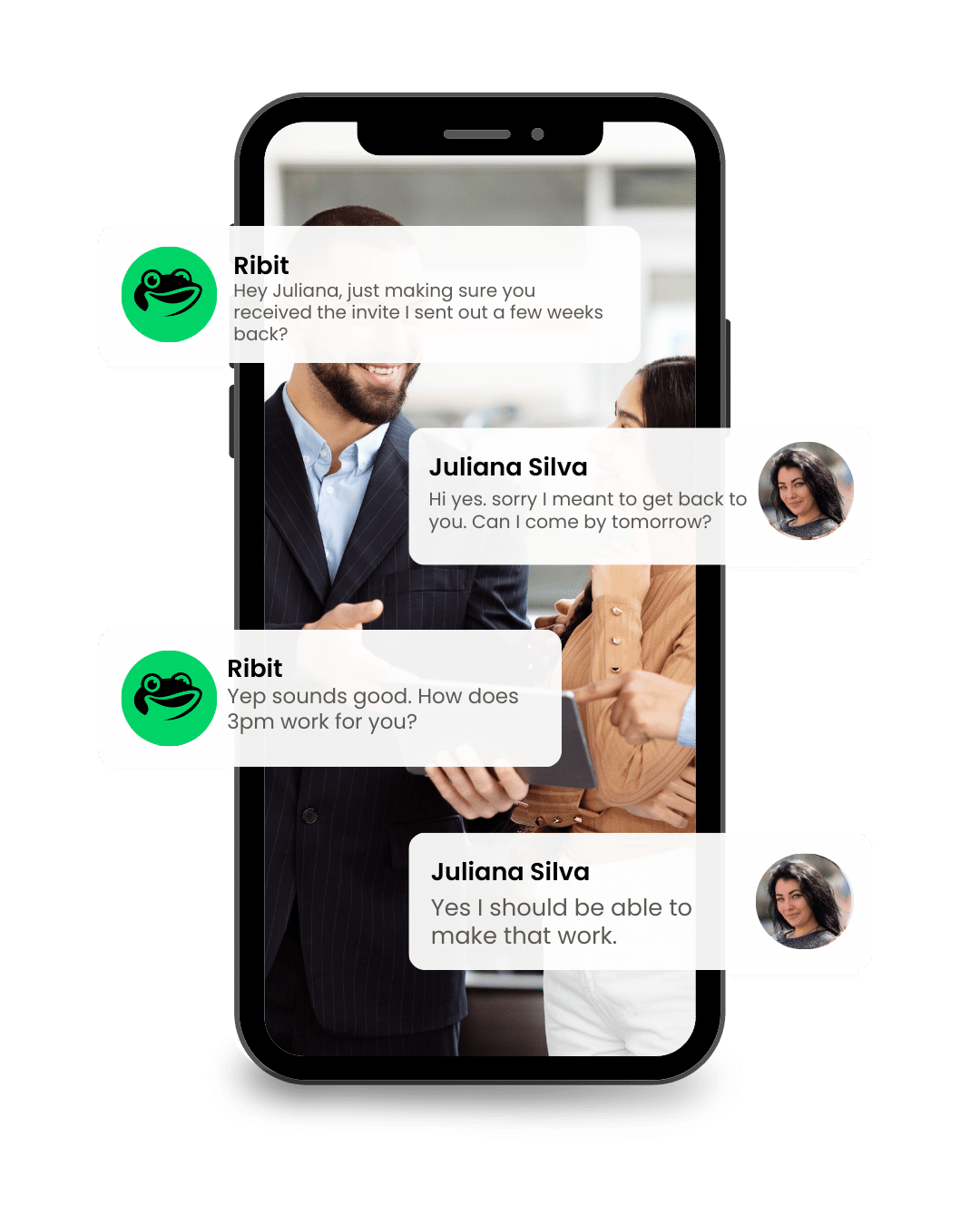 Chat interface on smartphone discussing meeting schedule.