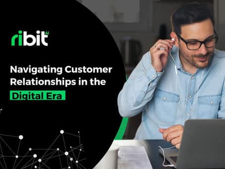 Man using laptop, earbud in digital customer relation.